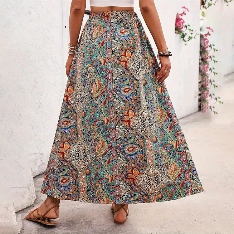 Gonna Lunga Vintage Bohemien con Stampa Etnica da Donna, Gonna Estiva Casual a Vita Alta 2026, Elegante Gonna Boho a Trapezio con Spacco e Pieghe