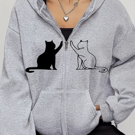 Harajuku Women's Sweatshirts Long Sleeve Zip-Up Casual Jacket with Cat Prints, Suitable for All Seasons Women'S Apparel Hoodie