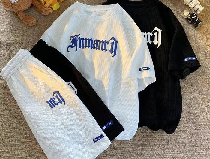 Set di abbigliamento sportivo a maniche corte in seta di ghiaccio estiva casual con waffle transfrontaliero T-shirt da uomo Set di abbigliamento da uomo abbinato platinumshop