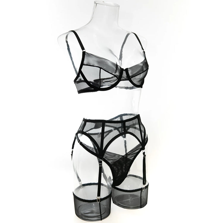 Luxury Dark Style 4Pcs Women's Lingerie Set Push-up Underwire Bra Garter Belt Thong Panty Stocking Erotic Intimate Outfits
