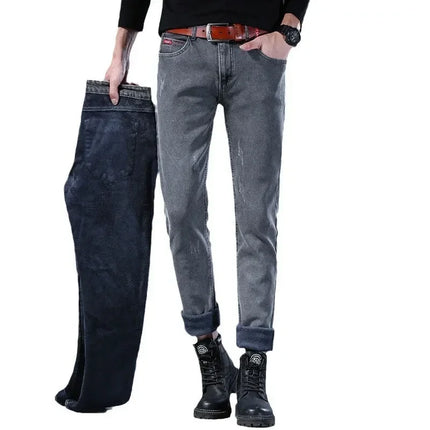 Winter Hot Sale of The Season Trendy Stretchy Fleece Lined Thick Denim Mid Waist Fashionable Casual Warm Long Pants Men's Jeans