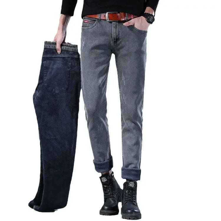 Winter Hot Sale of The Season Trendy Stretchy Fleece Lined Thick Denim Mid Waist Fashionable Casual Warm Long Pants Men's Jeans