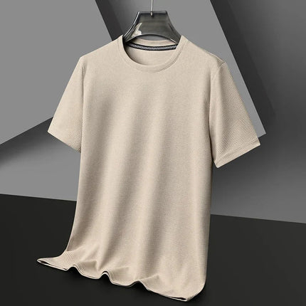 New Summer Waffle Round Neck Short Sleeved T-shirt for Men's Short Sleeved Top PlatiNum