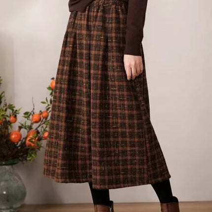 Art Mori Girls Woolen Skirts New 2025 Autumn Winter Basics Woman Cute Sweet Japanese Preppy Style Retro Vintage Long Plaid Skirt PlatiNum