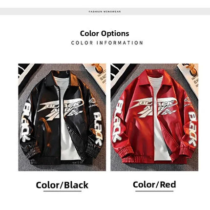 2026 New Men's American Racing Style Printed Leather Jacket Fashion Stand Collar Motorcycle Biker Coat Casual Outerwear PU