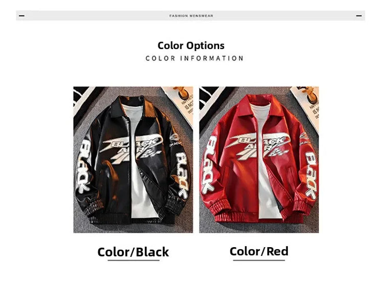 2026 New Men's American Racing Style Printed Leather Jacket Fashion Stand Collar Motorcycle Biker Coat Casual Outerwear PU