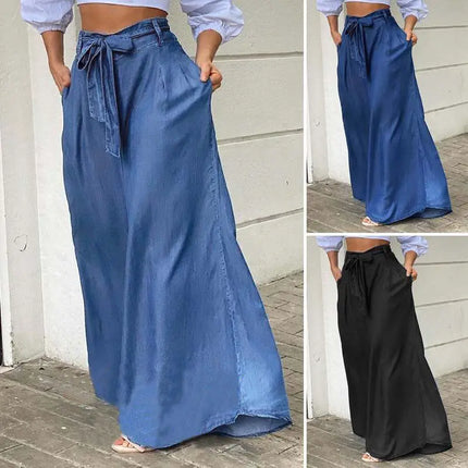 Eleganti Jeans a vita alta donna Denim estate pantaloni a gamba larga Lace-up Solid Female Lage Size Street pantaloni Casual abbigliamento