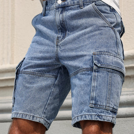 Pantaloncini jeans regolari estivi blu da uomo. Design multitasche. Elegante e casual.