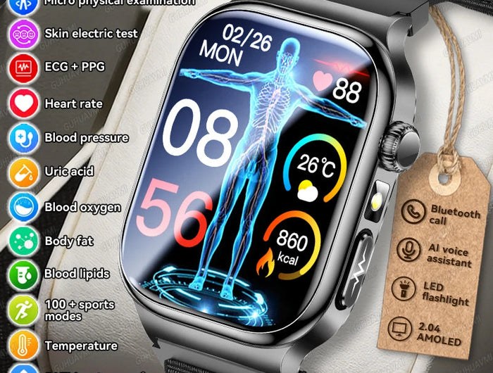2026 Nuovo Misurazione Accurata Salute Smart Watch ECG + PPG Acido Urico Pressione Sanguigna Lipidi Nel Sangue Chiamata BT Smartwatch Per Le Donne Degli Uomini platinumshop