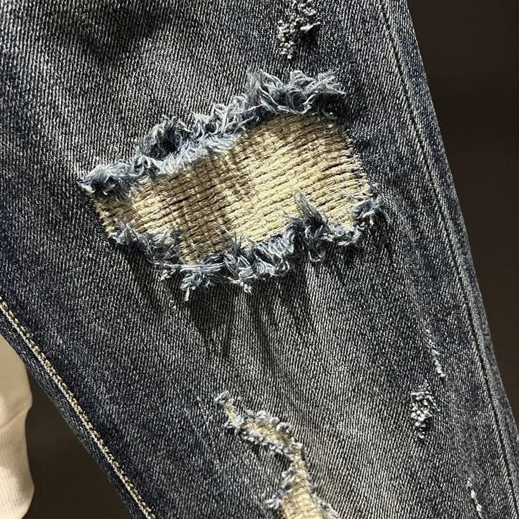 2023 Spring and Autumn New Men's Fashion Trend Ripped Patch Small Foot Pants Men's Casual Slim Comfortable High-Quality Jeans PlatiNum