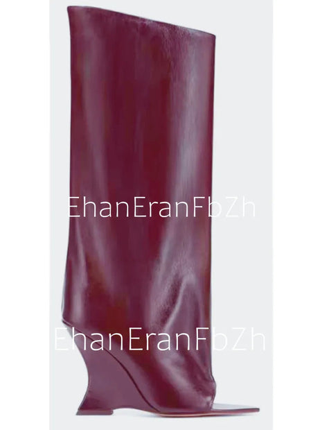 2025Ladies' Spring and Summer New Fish Mouth Slope High Heel Knee Boots, Fashionable Pointed Fashion Show Medium Cool Boots PlatiNum