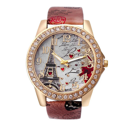 Orologio al quarzo in pelle PU da donna alla moda con strass Torre Eiffel platinumshop