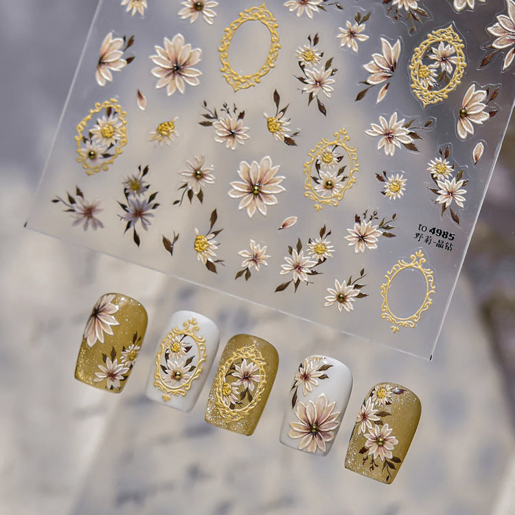 Wild Daisy Crystal Diamond Nail Sticker 5D Adhesive Flower Trendy Nail Art Stickers DIY Nail Art Decorations 3D Manicure Decals