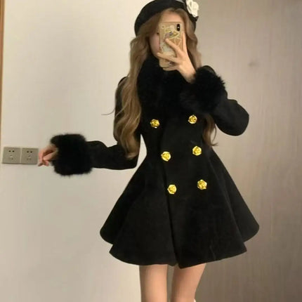 Elegant Warm Winter Fur Collar Woolen Coat Women French Style Hepburn Slim Mid-length Outwear 2025 Vintage Lolita Chic Outfits