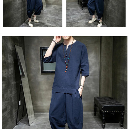 Stile giapponese due pezzi t-shirt pantaloni uomo uomo abiti Kimono maniche corte giappone Harajuku Yukata Cardigan Costume top pantaloni