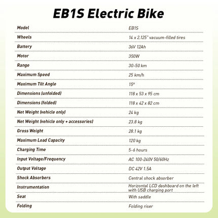 Bicicletta Elettrica EB1S da 14 Pollici, Motore 250W, Batteria 12Ah, Autonomia 30-50km, 3 Velocità, Velocità Massima 25km/h, Sospensione Centrale, E-Bike Pieghevole per Città, Bicicletta Elettrica per Adulti con Controllo