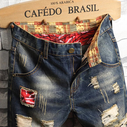 Men Ripped Short Jeans Summer Cotton Knee Length Shorts Breathable Vintage Denim Pants Painted Graffiti Streetwear Cargo Jeans PlatiNum