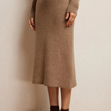 Luxury 100% Cashmere Mid-Calf Pencil Skirt Simple Basic Style Women Solid Color Autumn Winter High Waist Slimming Knitted Skirt PlatiNum