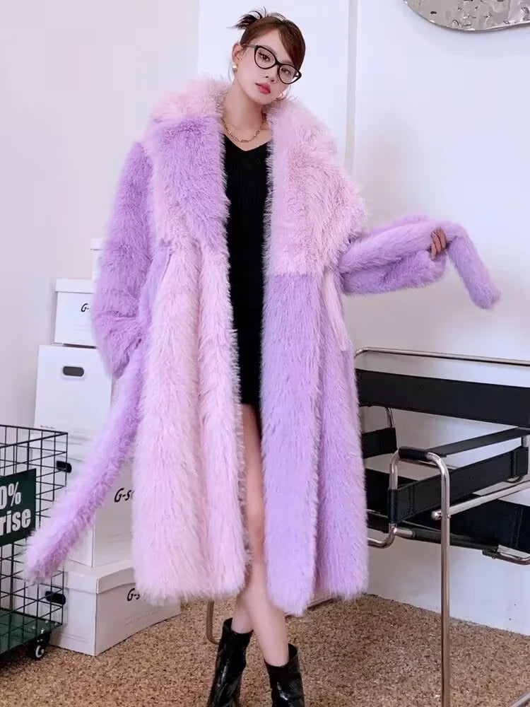 ZADORIN New Spliced Oversize Belted Long Faux Fur Coat Woman Winter Clothes Furry Jacket Fur Faux Coat New in Coats & Jackets