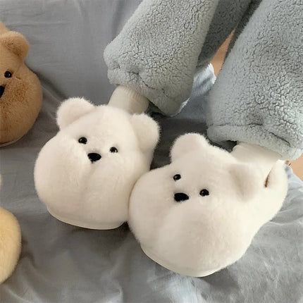 New Pink Bow Slippers Winter Women's Shoes Thick Sole Fuzzy Slippers for Home Mules Shoes Woman Fluffy Metal Bear House Slipper