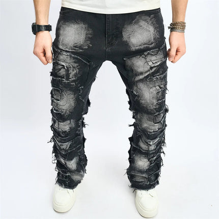 Denim Pants Men Ripped Distressed Washed Fashion Designer Male Denim Trousers Street Style Men's Slim Biker Jeans PlatiNum