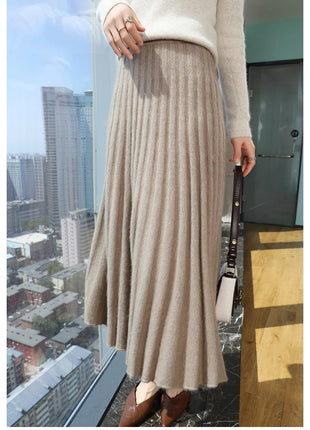 Autumn And Winter Fashion Mink Cashmere Mid Length High Waist Skirt For Women, Knitted Umbrella Skirt, Fashionable Pleated Skirt PlatiNum
