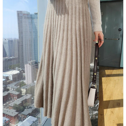 Autumn And Winter Fashion Mink Cashmere Mid Length High Waist Skirt For Women, Knitted Umbrella Skirt, Fashionable Pleated Skirt PlatiNum