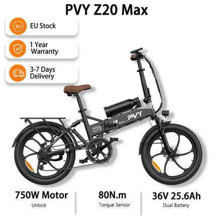 Bicicletta Elettrica PVY Z20 MAX, Sensore di Coppia, Motore da 750W, Doppia Batteria 36V25.6Ah, Pneumatici da 20*2.3 pollici, Autonomia Massima 200km, Freno Idraulico