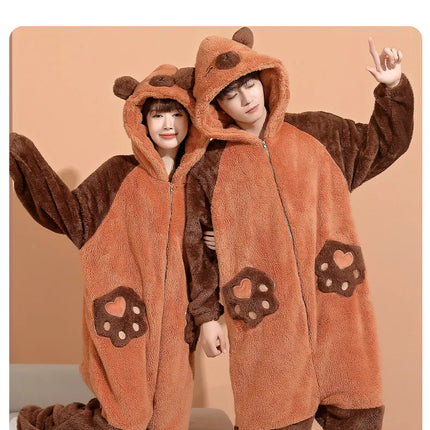 Family Matching Hooded Jumpsuit Cartoon Cypabara Onesie Winter Warm Sleepwear Boys Girls Pajamas Christmas Cartoon Home Clothes
