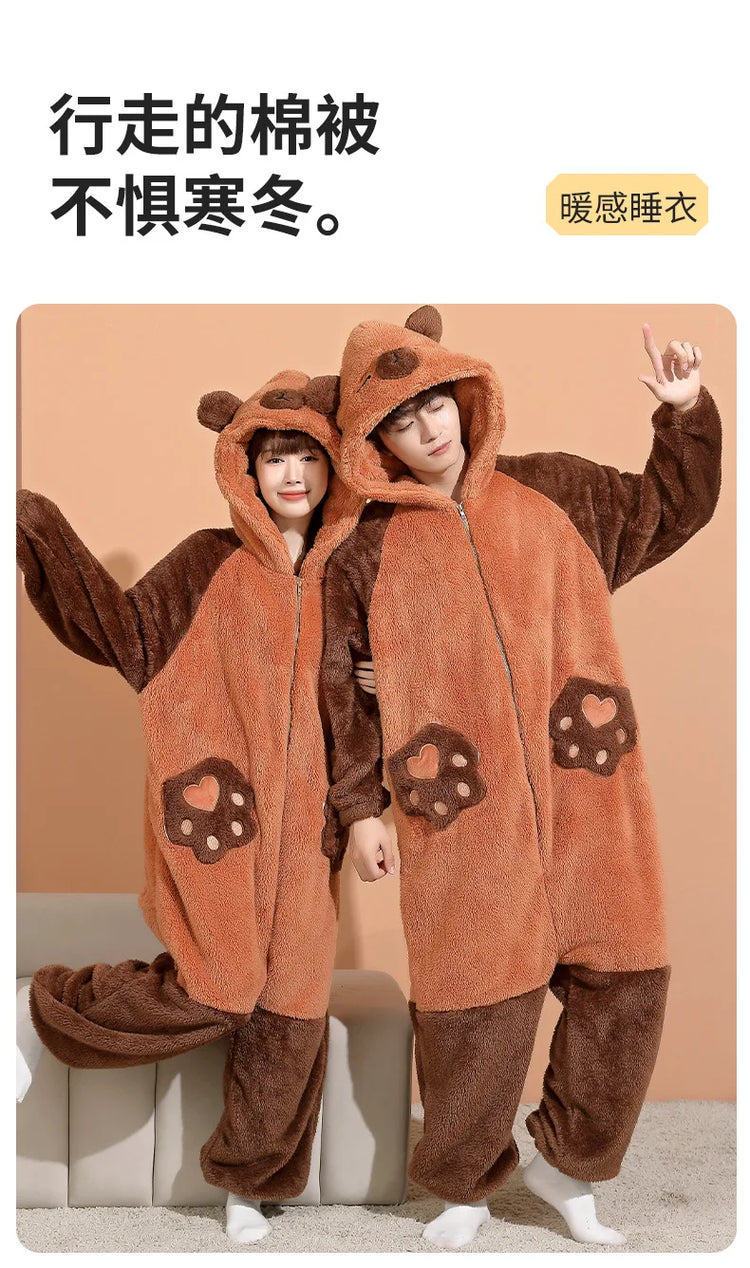 Family Matching Hooded Jumpsuit Cartoon Cypabara Onesie Winter Warm Sleepwear Boys Girls Pajamas Christmas Cartoon Home Clothes