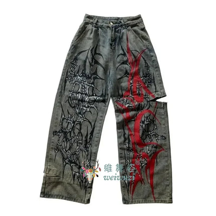 Jeans Y2K Hip Hop Strappati a Gamba Larga, Nuovi Pantaloni Baggy in Denim, Jeans da Donna Autunnali Retrò Harajuku Gothic con Stampa a Spuntoni, Cool Streetwear