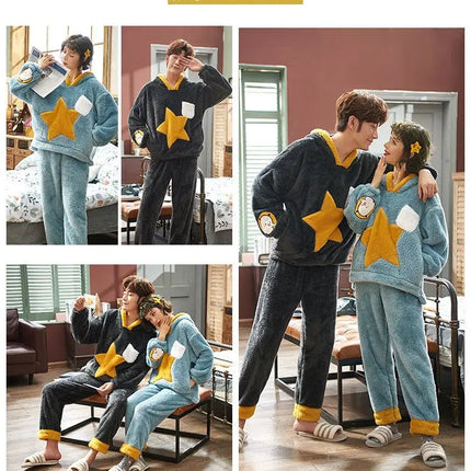 Couples Pajamas Women Men Winter Thicken Pyjamas Sleepwear Cartoon Dinosaur Korean Lovers Homewear Soft Warm Hoodies Pijama