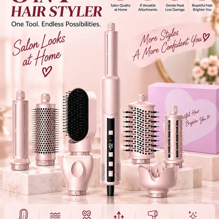 Ukliss Pink 1400W Multi-Styling Negative Ion Hairdryer Comb 8-in-1 Curling Brush Heat Wind Comb Hairdressing Tool