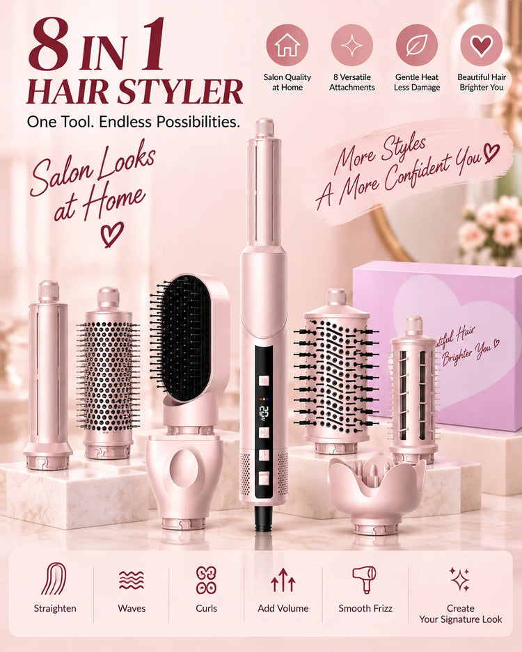 Ukliss Pink 1400W Multi-Styling Negative Ion Hairdryer Comb 8-in-1 Curling Brush Heat Wind Comb Hairdressing Tool