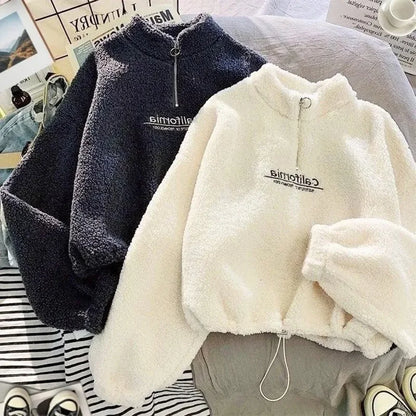 Imitation Lamb Wool Thickened Short Sweatshirt for Women Autumn Winter Half Open Neck Zipper Letter Embroidery Warm Pullover Top