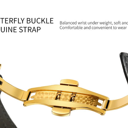 SKROX Original Gold Skeleton Automatic Movement Men's Watch Mechanical Waterproof Male Wrist Watches Leather Strap Luxury Clock