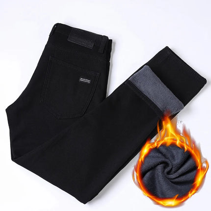 Winter Men's Slim Straight Elastic Denim Pants Casual Male Clothing Fashion Plush Trousers Pure Black Fleece Thick Warm Jeans
