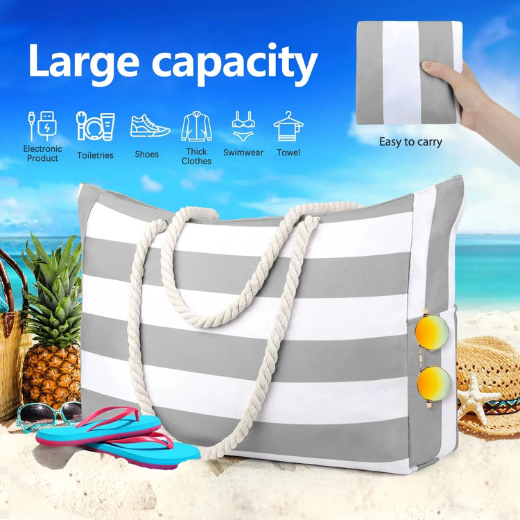 Borsa esterna a righe con cerniera per viaggi e vacanze all'aperto, in tela impermeabile e resistente alla sabbia, comoda borsa da spiaggia pieghevole