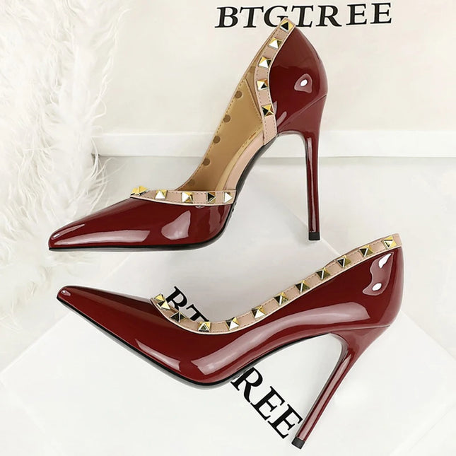 BIGTREE Scarpe Rivetto Design Donna Décolleté in pelle verniciata Tacchi alti 10.5 CM Stiletto Scarpe da festa sexy Tacchi da donna Taglia grande 43