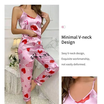Pigiama floreale in raso da donna con top con cinturino per spaghetti e pantaloni lunghi Indumenti da notte 2 pezzi senza maniche Abbigliamento per la casa Pigiama platinumshop