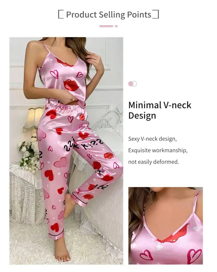 Pigiama floreale in raso da donna con top con cinturino per spaghetti e pantaloni lunghi Indumenti da notte 2 pezzi senza maniche Abbigliamento per la casa Pigiama platinumshop