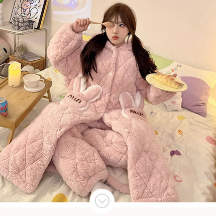 Women Winter Thickened Fleece Bathrobe Can Be Worn Outside Girls Student Hoodie Loose Pajama Two-piece Set Lady Warm Loungewear