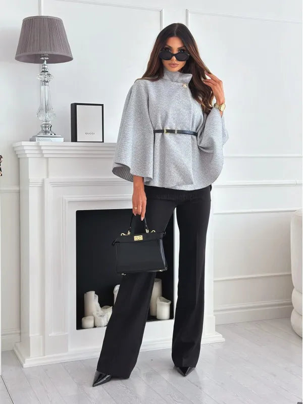 Women's Thick Turtleneck Batwing Sleeve Cape Coat with Single Button Elegant Three Quarter Length Top for Woman and Ponchos