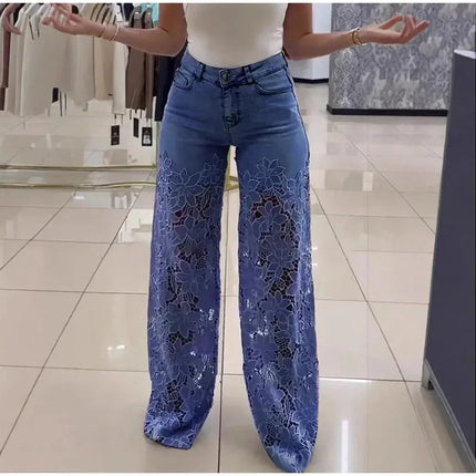 Jeans a Vita Alta e Gamba Larga, Pantaloni Estivi alla Moda con Inserti in Pizzo, Jeans in Denim Traforato e Drappeggiato, Jeans da Donna in Cotone con Cerniera per Primavera