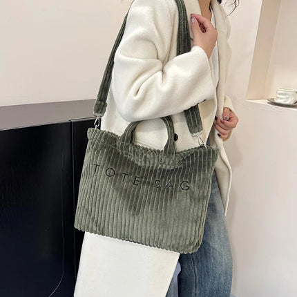 Simple Letter Soft Corduroy Shoulder Bags for Women Versatile Large Capacity Ladies Crossbody Bag Portable Female Handbags Tote PlatiNum