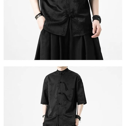 Camicia cinese da uomo con foglie di bambù floreali scuri Seta di ghiaccio Estate Confortevole e traspirante Stile retrò Camicie larghe alla moda da uomo Top