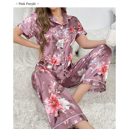 Pigiama in raso per donna pigiameria con stampa floreale autunno vestiti per la casa Soft Comfort top e pantaloni a maniche corte pigiama pigiama Femme