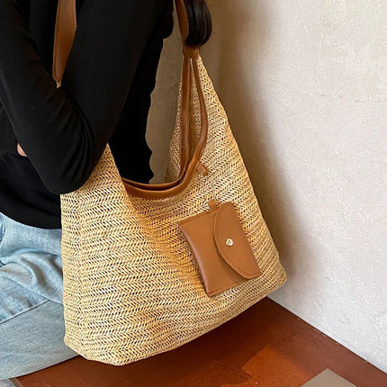 Hand-Woven Large Capacity Tote Bag for Women, Fashionable Commuter Bag, INS Style, Beach Bag for Daily Travel