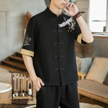 Camicie da uomo con gru ricamate Kungfu Tai Chi Casual manica corta nuovo stile cinese colletto alla coreana Cardigan in lino Tang Suit uomo Top