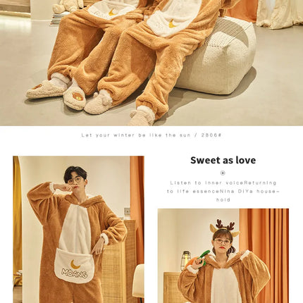Winter Animal Onesies for Adults Homewear Flannel Sleepwear Couples Jumpsuit Winter Coral Velvet Pajamas Women Mens Loungewear